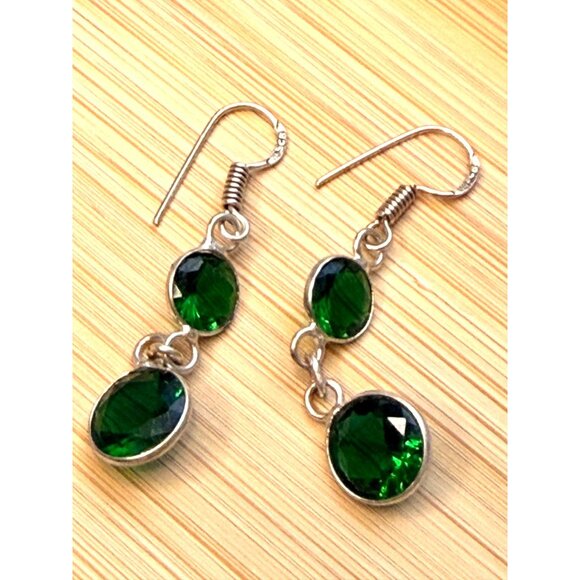 Sterling Silver Green Crystal Drop Earrings - Picture 2 of 7
